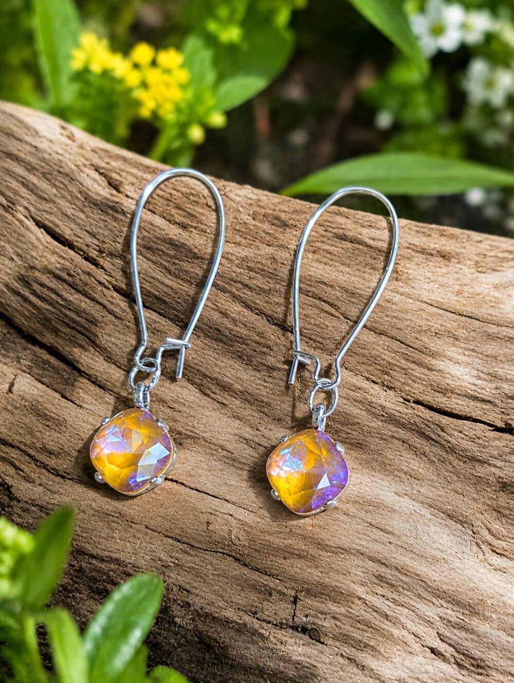 Silver Drop Earrings with Yellow Iridescent Crystals | Handmade